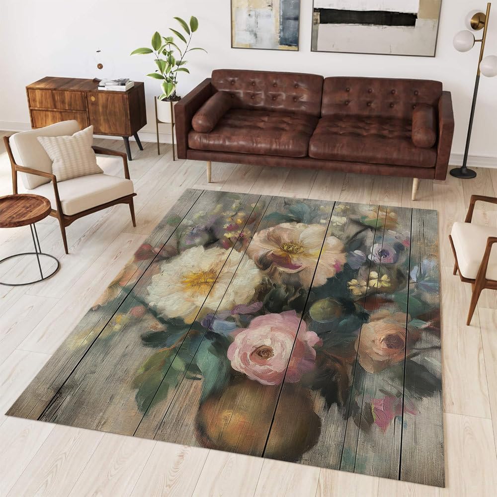 Tapis de couloir antidérapant et lavable à motif floral gris vintage
