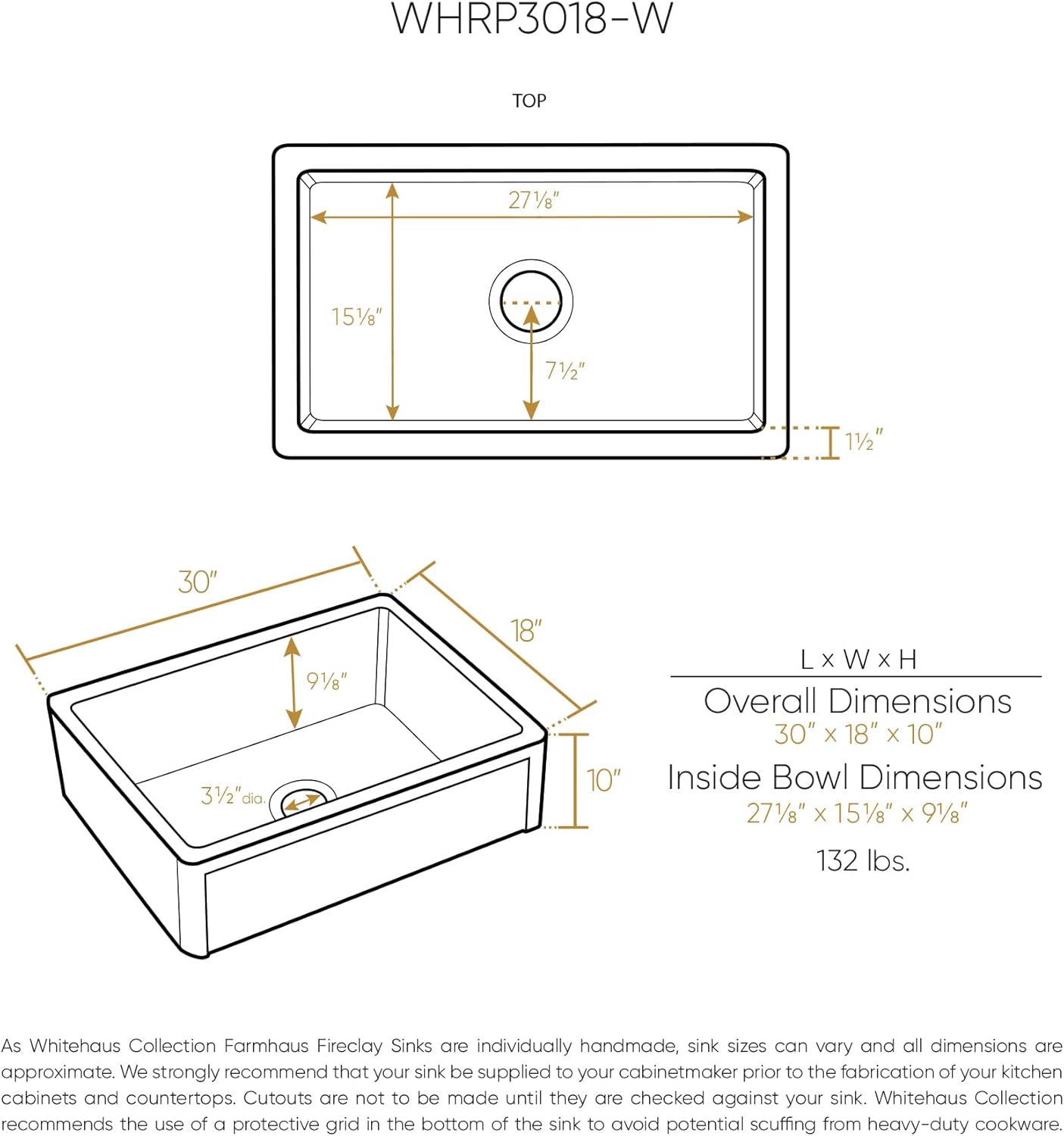 Whitehaus Collection WHRP3018-W 30" Reversible Single Bowl Fireclay Kitchen Sink with Grid: Three Edge Frame, Plain Front Apron