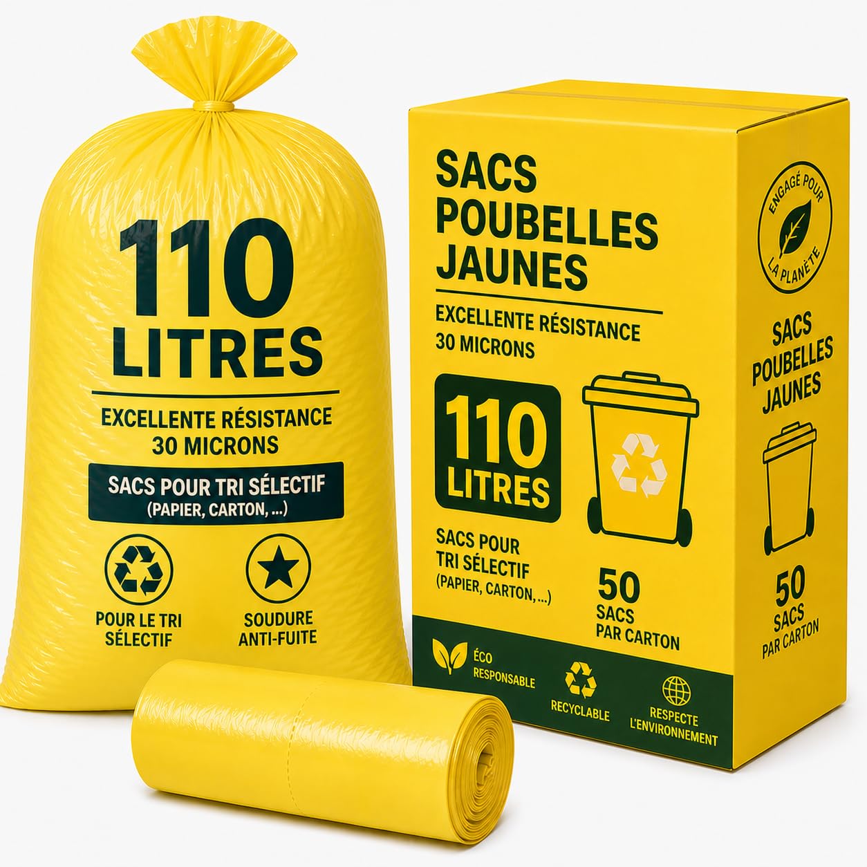 Bolsa de basura amarilla de 110 litros, clasificación selectiva | Lote de 50 bolsas de baja densidad 30 micras (30µ) | Papeleras de cartón - Periódicos - Botella de plástico - Embalaje de metal |