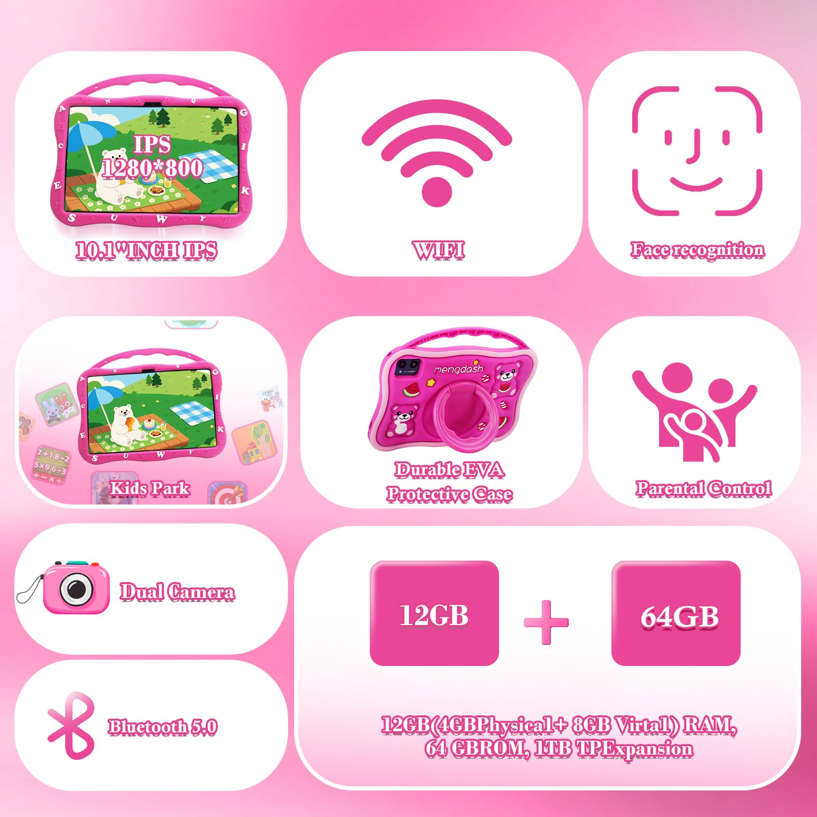 MengDash Tablet per bambini, tablet da 10,1 pollici per bambini, tablet educativo per bambini Android 14, 12 GB di RAM+64 GB di memoria ROM, WiFi 5G, per bambini 3-10 (rosso)