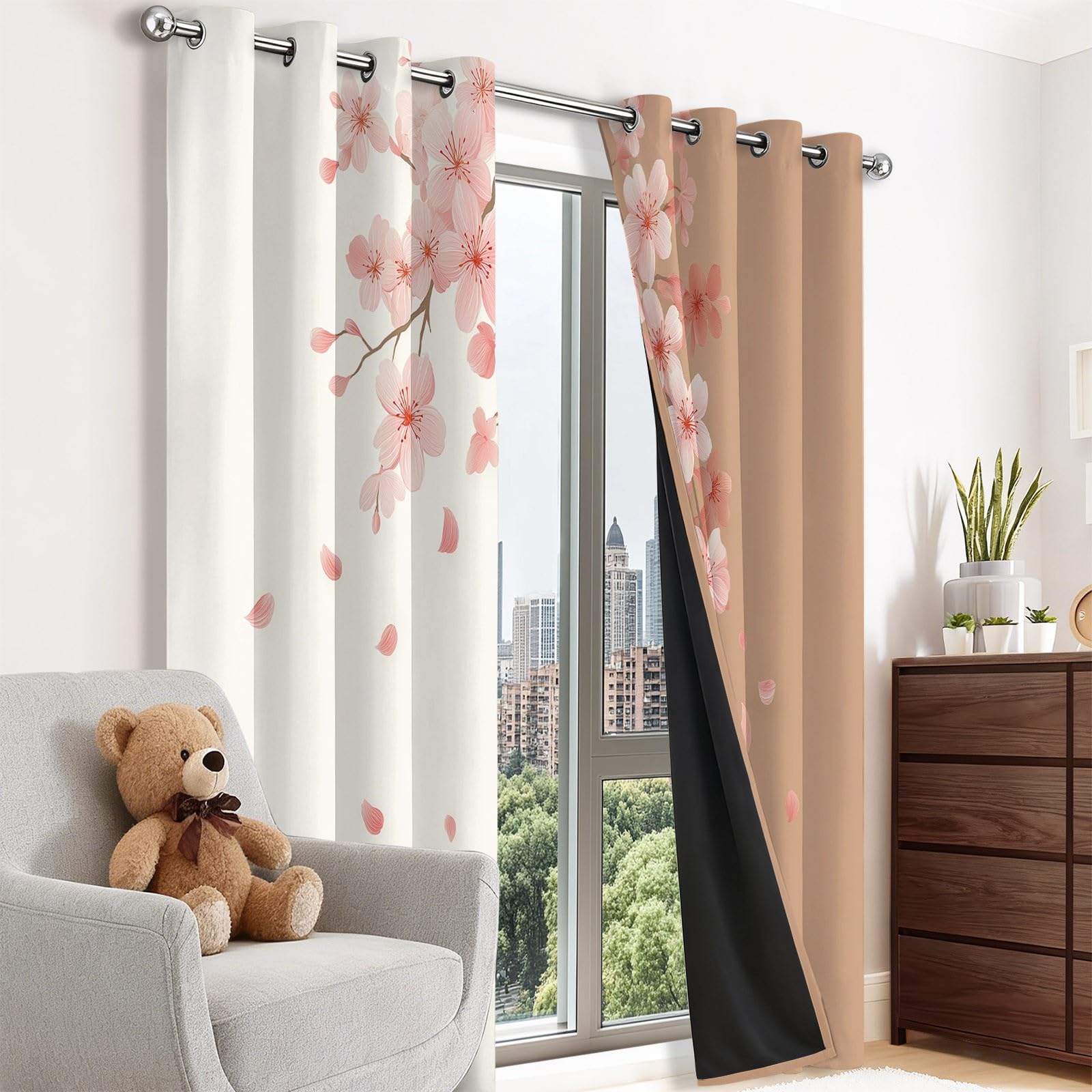Eleganckie kwiaty wiśni, zasłony z oczkami 70 l x 240H cm (2 panele), nieprzezroczyste termoizolacyjne do drzwi okiennych, beżowo-brązowy