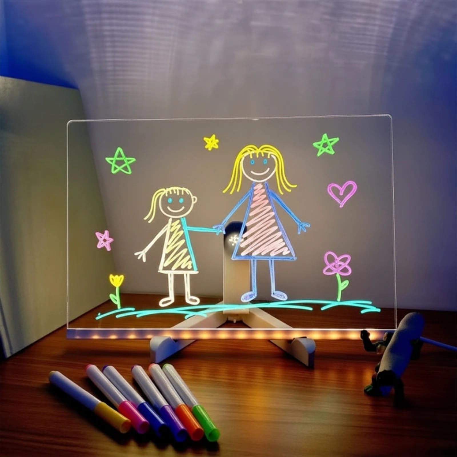 LouLouScreen - Planche à dessin lumineuse à LED pour enfants Table à dessin en acrylique, avec sept stylos de couleur, un support réglable, une surface d'écriture effaçable