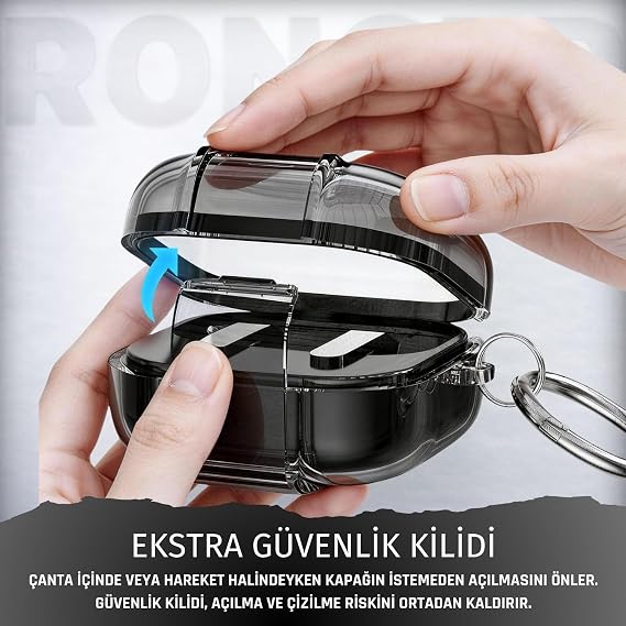 Rongep Samsung Galaxy Buds4 Pro/Buds 4 için Kılıf [Güvenlik Kilit Tasarımlı] Transparent-Lock Kulaklık Kılıfı Sararmaya Dayanıklı Taşıma Askılı TPU Koruyucu Samsung Buds 4 Pro Kılıf (Şeffaf-Siyah)