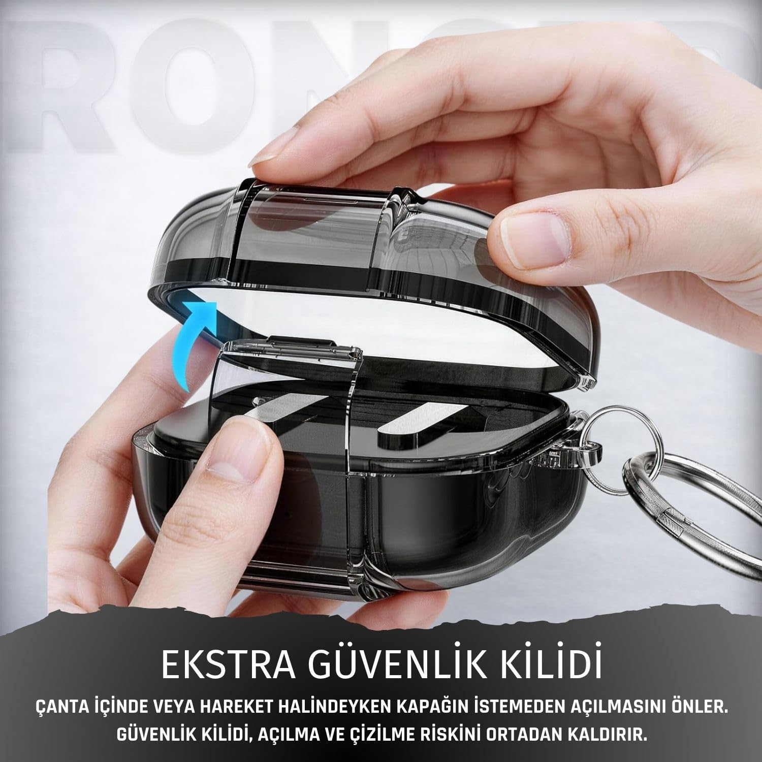 Rongep Samsung Galaxy Buds4 Pro/Buds 4 için Kılıf [Güvenlik Kilit Tasarımlı] Transparent-Lock Kulaklık Kılıfı Sararmaya Dayanıklı Taşıma Askılı TPU Koruyucu Samsung Buds 4 Pro Kılıf (Şeffaf-Siyah)