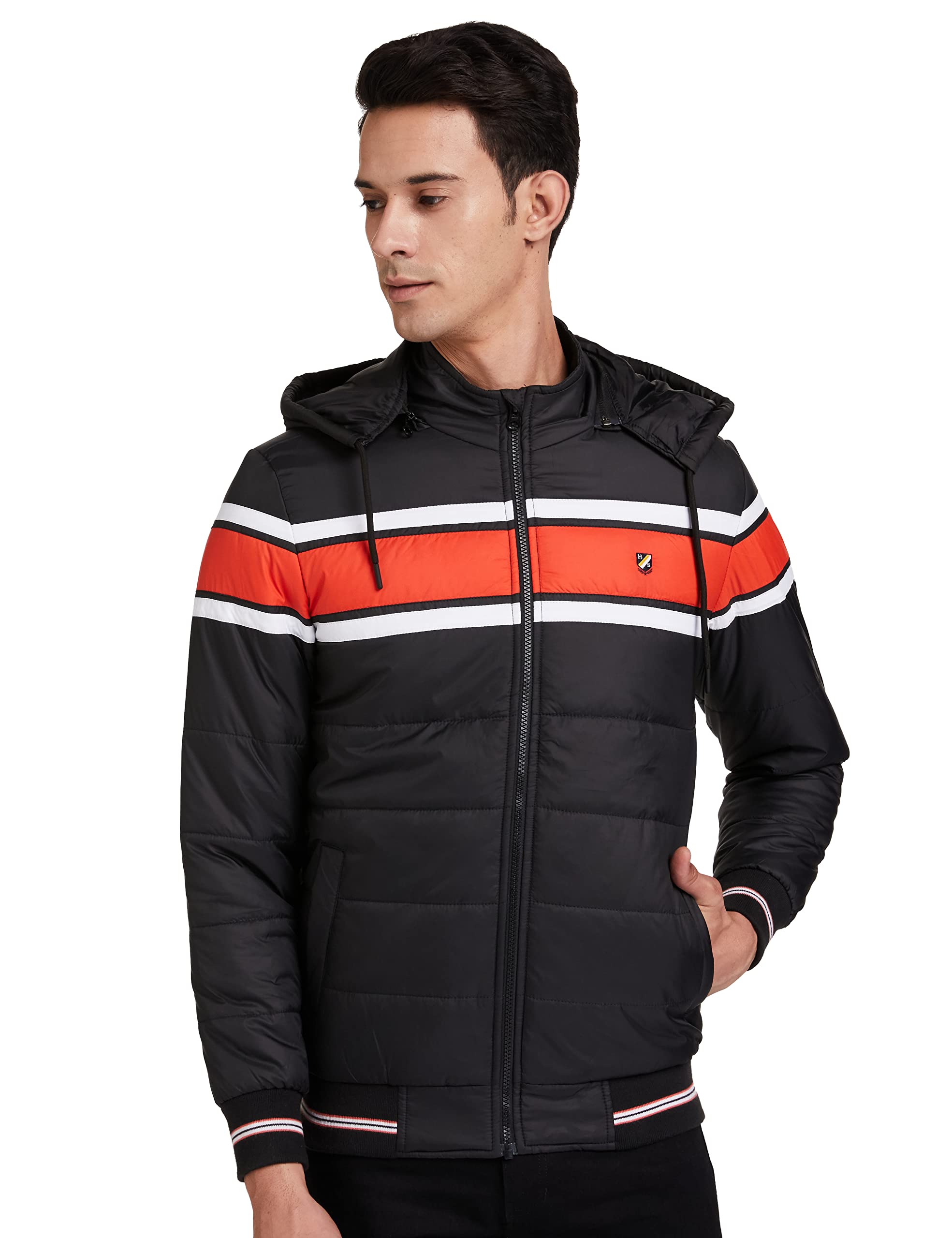 Amazon Brand - Symbol Men's Quilted Hooded Bomber Polyester Jacket (AW20-QH-HS-05_Black 2_Medium)