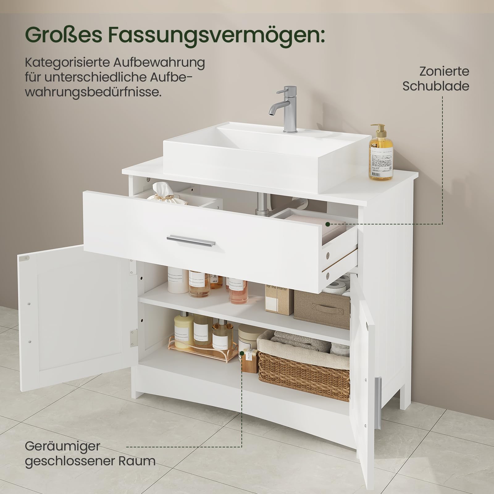 EUGAD Waschbeckenunterschrank, Badezimmerschrank mit Schubladen, 2 Fächer hinter Tür, verstellbare Ablage, Badezimmer Unterschrank, Waschtischunterschrank weiß, 60x60x30 cm