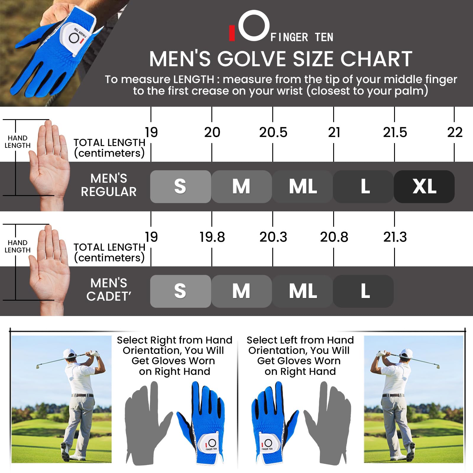 FINGER TEN Golf Gloves Men Left Hand Right Rain Grip Weathersof Value 2 Pack, Mens Golf Glove Wear Resistant Non Slip Flexible Durable