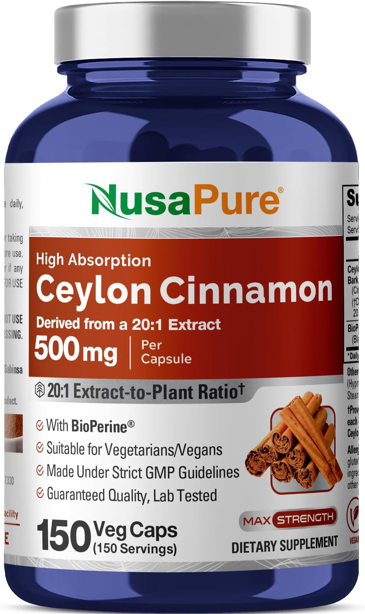 NusaPure Ceylon Cinnamon, 500 mg, 150 Veg Capsules (Non-GMO, Vegan)