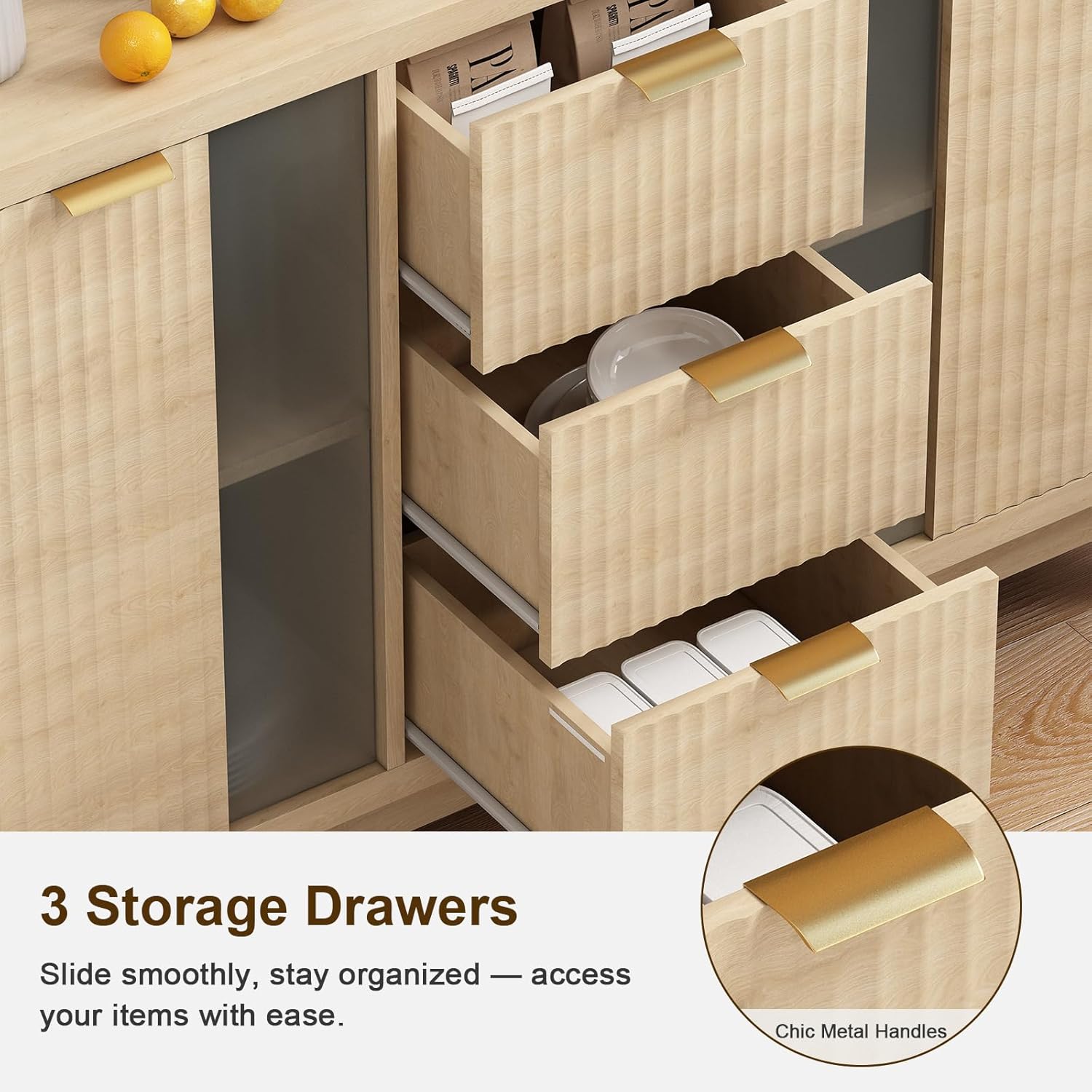 Fluted Sideboard Buffet Cabinet with Storage, 47" Modern Mid Century Coffee Bar Storage Cabinet with Doors and Drawers, Narural Oak