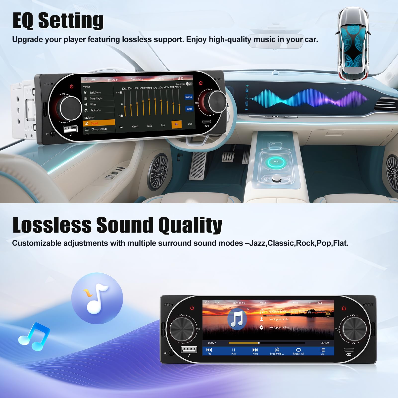 SIXWIN Autoradio 1 DIN Wireless Carplay et Android Auto, 5 Pouces HD Ecran Tactile Poste Radio Soutien Lien Miroir pour iOS/Android SWC Bluetooth 5.2/USB/Type-C/FM/EQ+Commande Volant