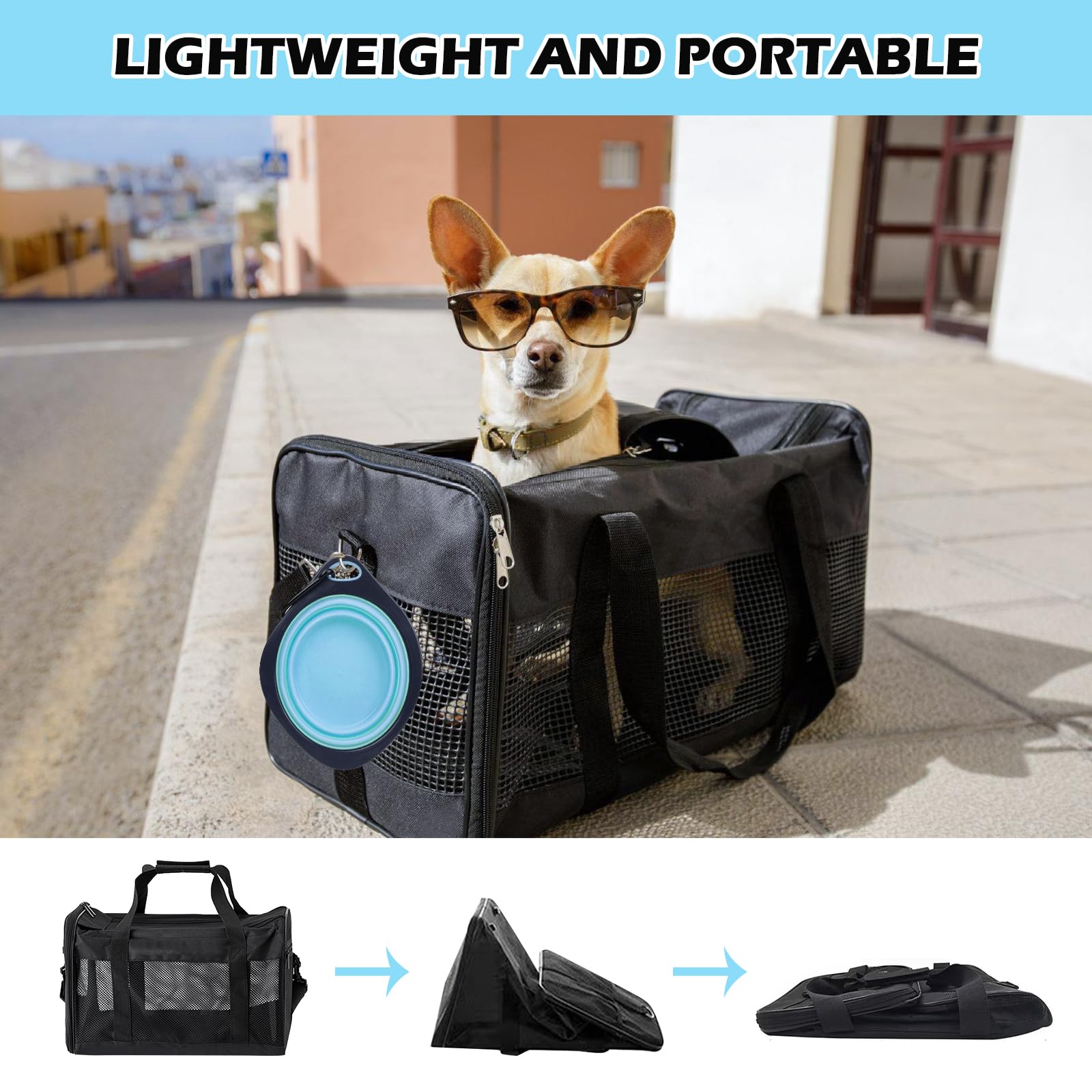 Sac de transport MEYAGOT pour chat et chien, pliable, respirant, avec gamelle, pour voyage, visites vétérinaires et sécurité temporaire, en tissu Oxford beige, jusqu'à 9 kg