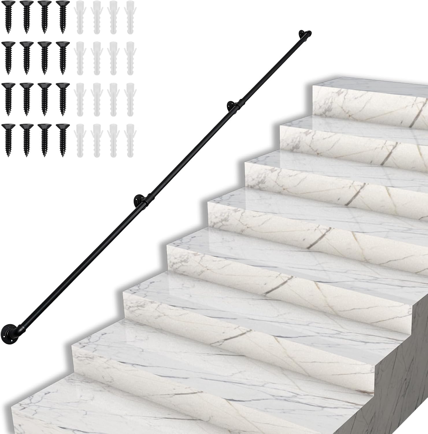 Metal Staircase handrails,Industrial Pipe Stair handrail, wall-Mounted Metal Hand Rail，handrails for Indoor Stairs，Garage, Porch, Toilet, Yard and Garden (Black, 10ft)