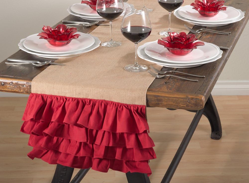 Fennco Styles Capucine Ruffled Natural Burlap Table Runner, White and Natural, 16"x72" Rectangular (Red, 16"X72")