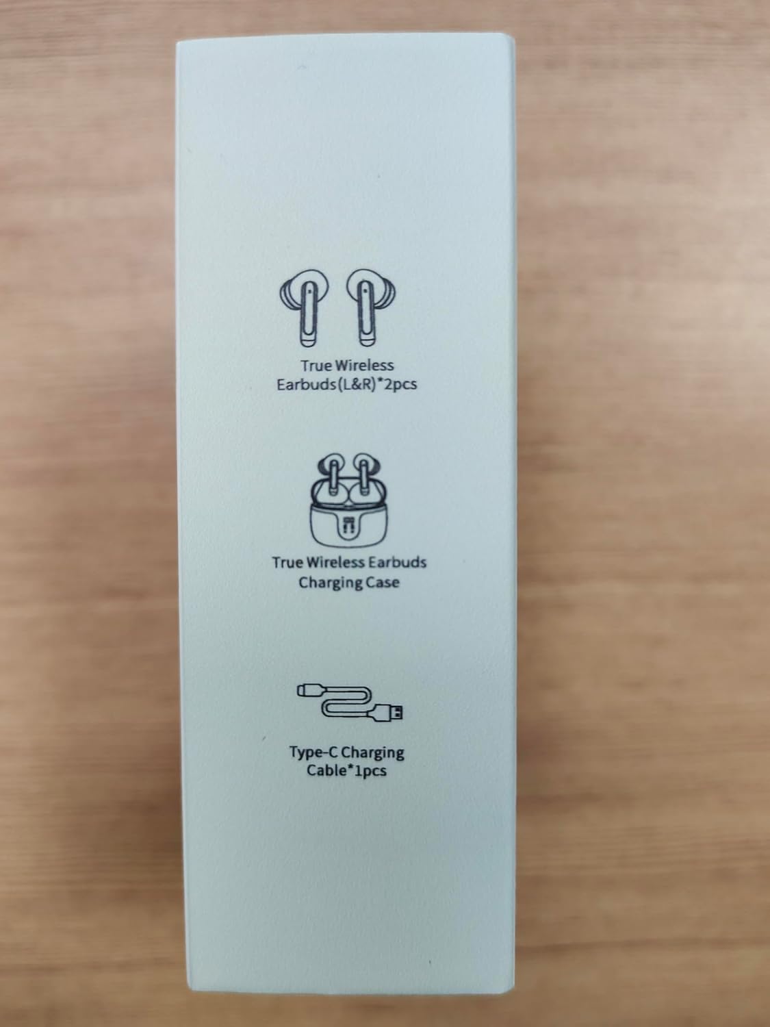 Contents of the Monyhigh S48 earbud package, showing the earbuds, charging case, and USB-C cable.