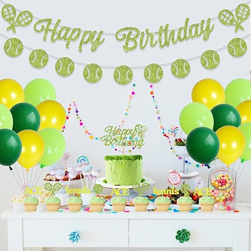 Miniatura 3 de 39 piezas de decoraciones de fiesta de cumpleaños de tenis verde para niños y niñas, suministros de fiesta de cumpleaños temática deportiva con