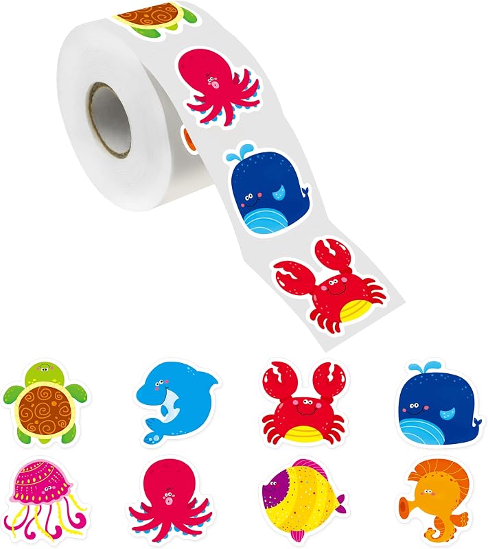 600 PCS Marine Animal Stickers, 8 Designs Adorable Animal, Water/Tear/Oil Resistant with No Residue, Reward Incentive Stickers for Teacher, Classroom & School, Party Supplies, DIY Project Decoration