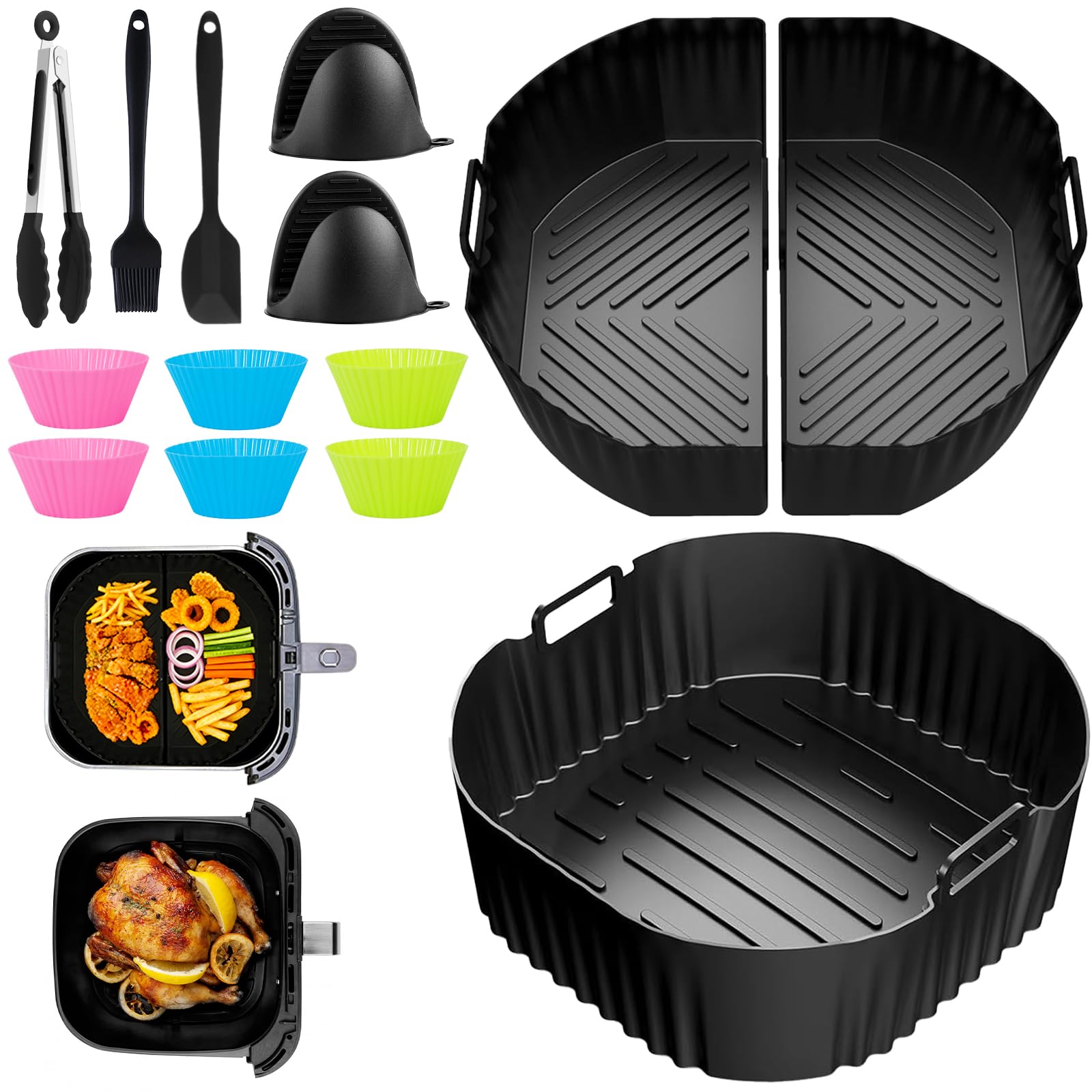 Molde Silicona Freidora de Aire 23cm, 13PCS 2 x 3.1L + 1 x 6.2L Air Fryer Accesorios Para 5,5L/6L/6,L, Série 2000 6.2L Na230/00, Reutilizables Accesorios Freidora De aire,Recipiente Air Fryer
