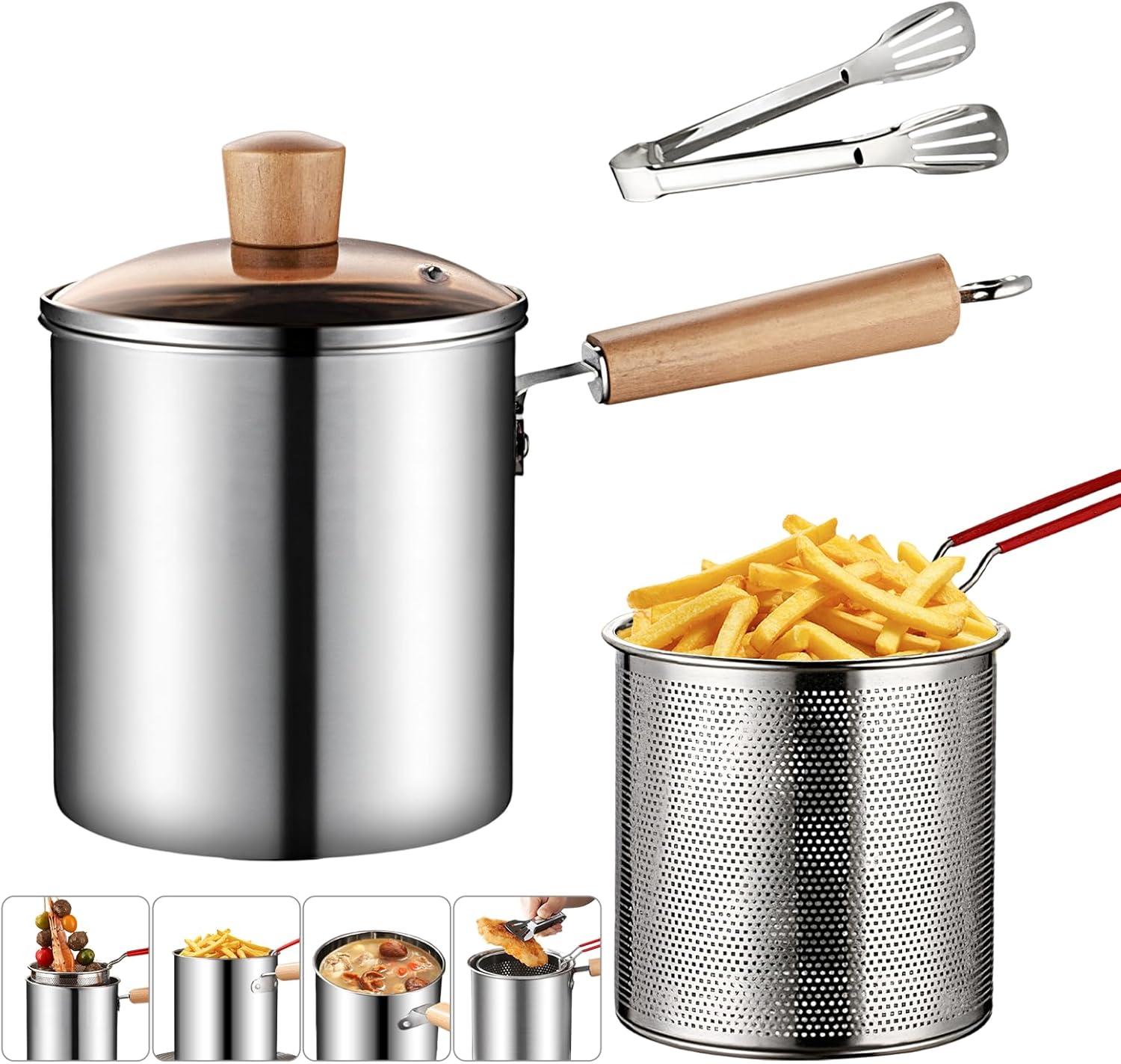Petyoung 3L/ 101oz 304 Stainless Fryer Pot, Deep Fryer Pot with Strainer Basket, Wooden Handle, Tongs and Glass Lid, Japanese Tempura Frying Pots for Frying Fish Chicken Shrimp