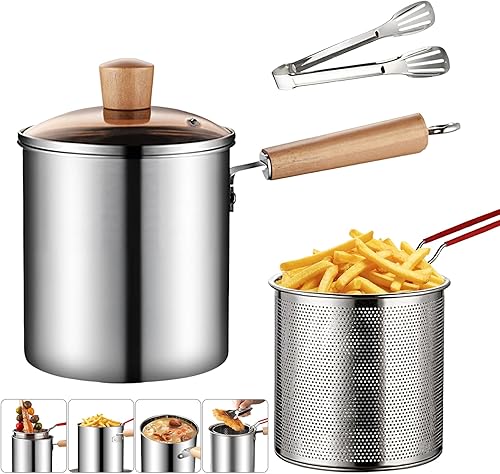 Olla para freidora profunda con cesta coladora, contenedor de filtro de aceite inoxidable 304 de 3L con mango de madera, pinzas de tapa de vidrio,