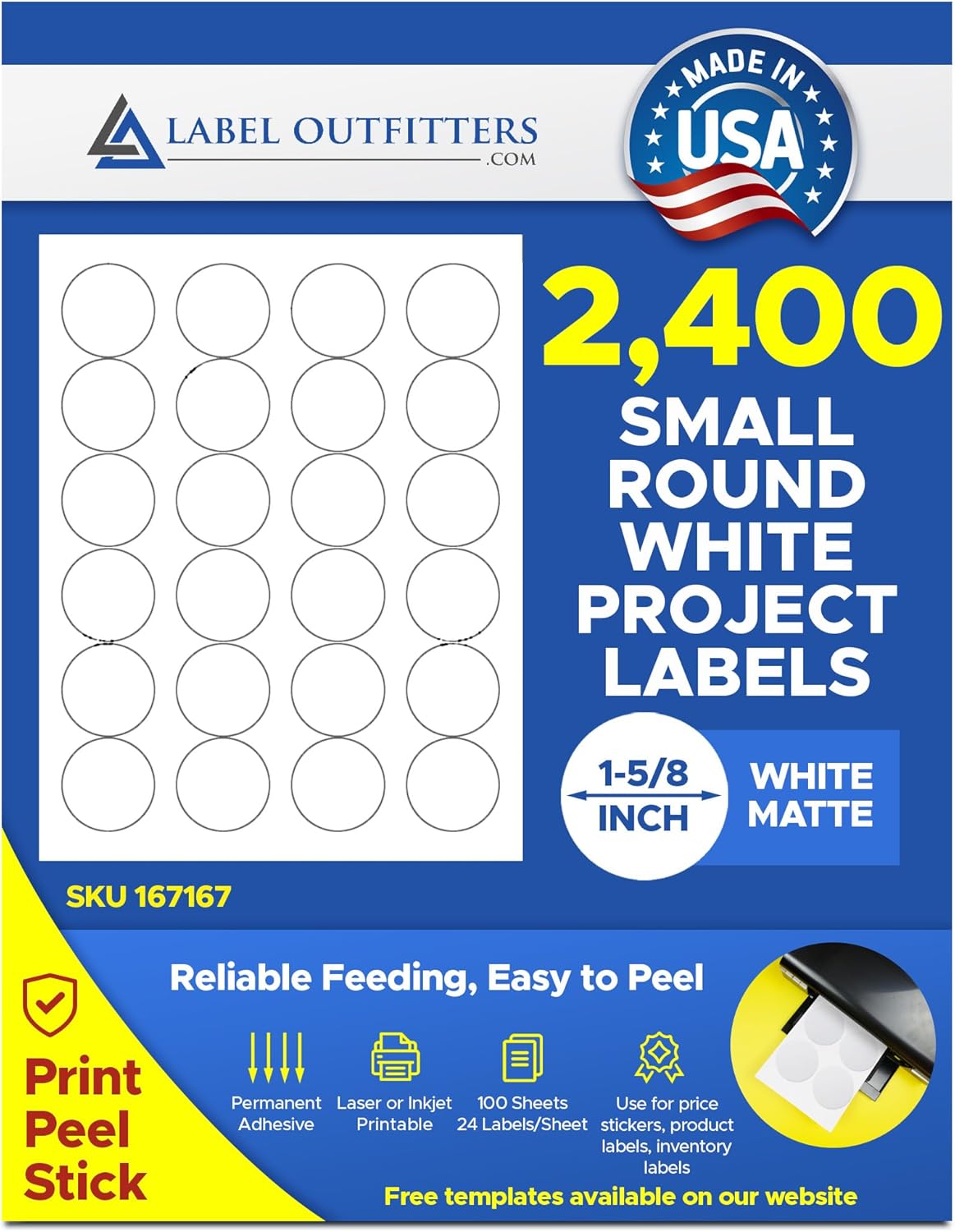 2,400 Label Outfitters Blank Printable White Matte Small Round Project Labels 1 5/8" Diameter 100 Sheets
