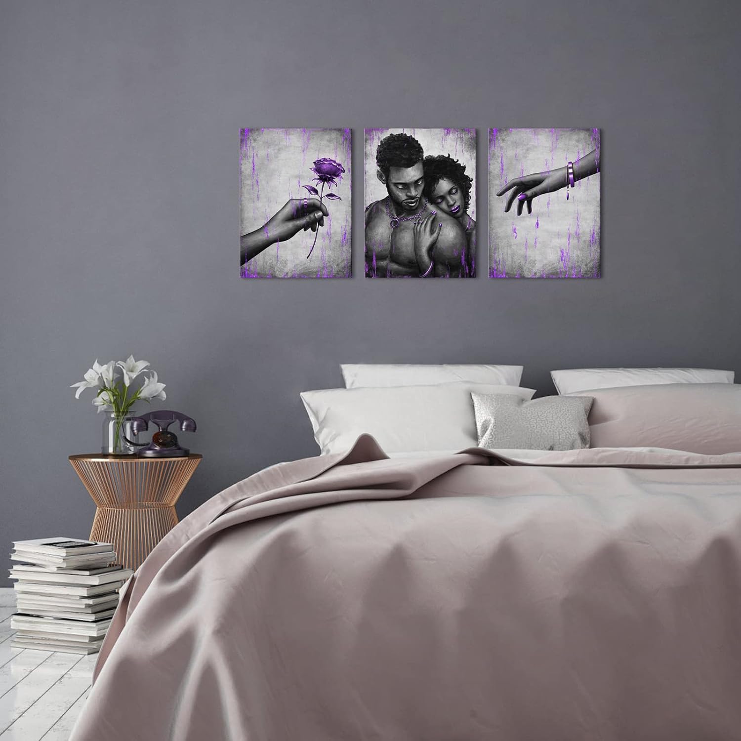 Kalormore African American Woman and Man Painting Purple Golden Sweet Love Couple Canvas Wall Art Giclee Prints Gallery Wrap Artwork for Bedroom Living Room Bathroom Decoration (12"x16"x3)