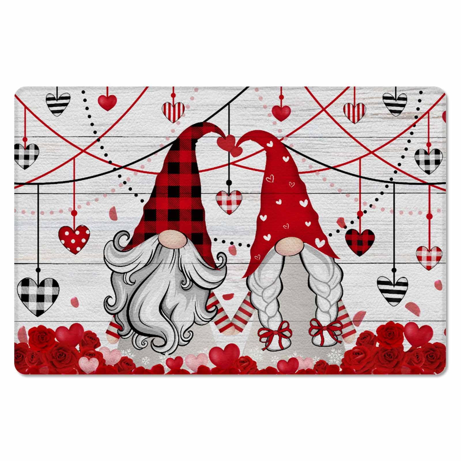 Valentine's Kitchen Bath Door Mat Cushioned Runner Rug,Washable Welcome Floor Sink Antifatigue Mat,Waterproof & Non-Slip Comfort Standing Doormat for Kitchen,Gnomes Love Rose Flower Woodgrain 24