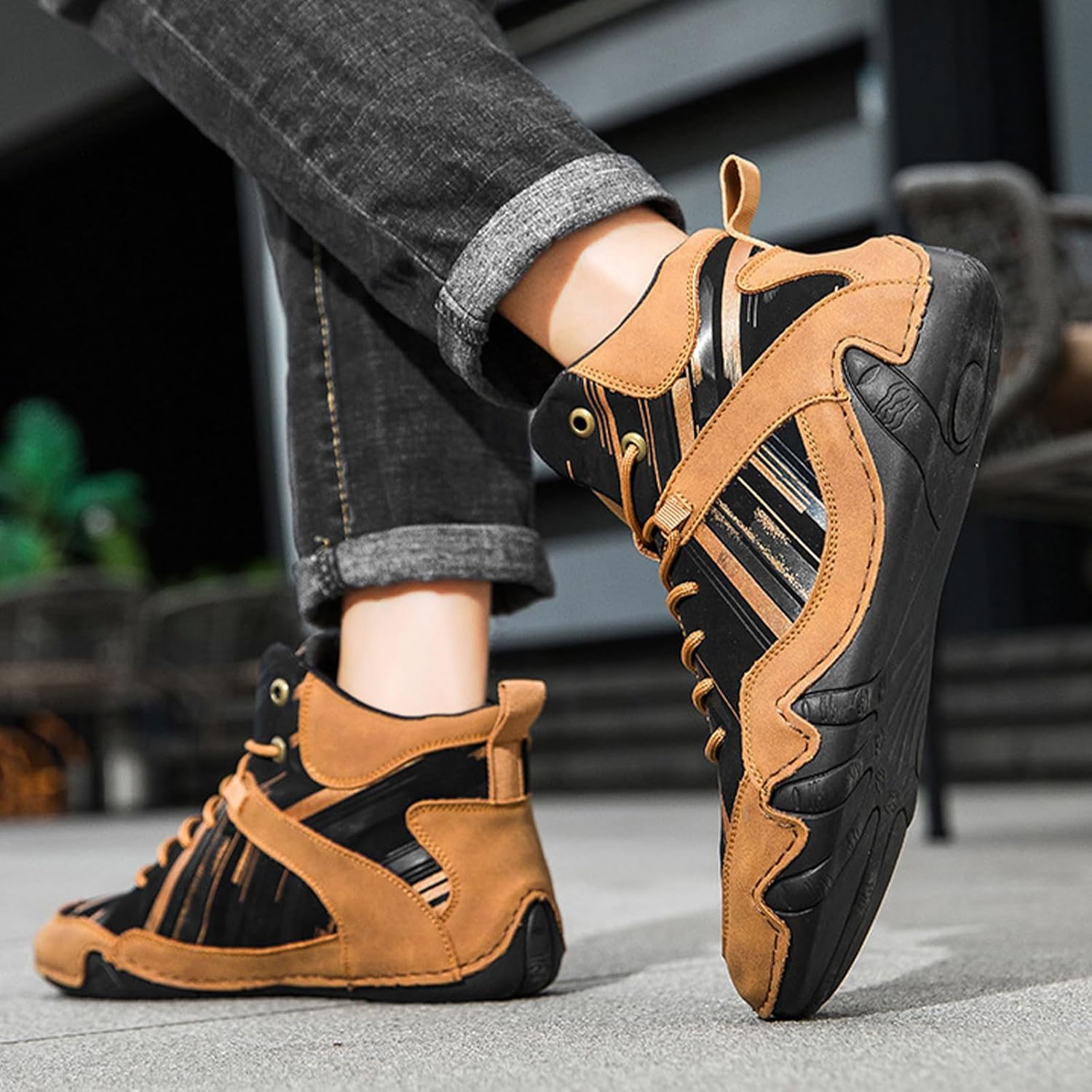 Men's High Top Outdoor Hiking Ankle Boots,Italian Handmade Lightweight Waterproof Non-Slip Lace-up Barefoot Shoes