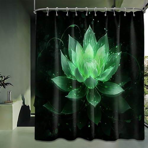 Miniatura 12 de Cortina de ducha negra y dorada con flores de loto amarillo dorado para juegos de decoración de baño, tela impermeable con ganchos, 70 x 72 pulgadas