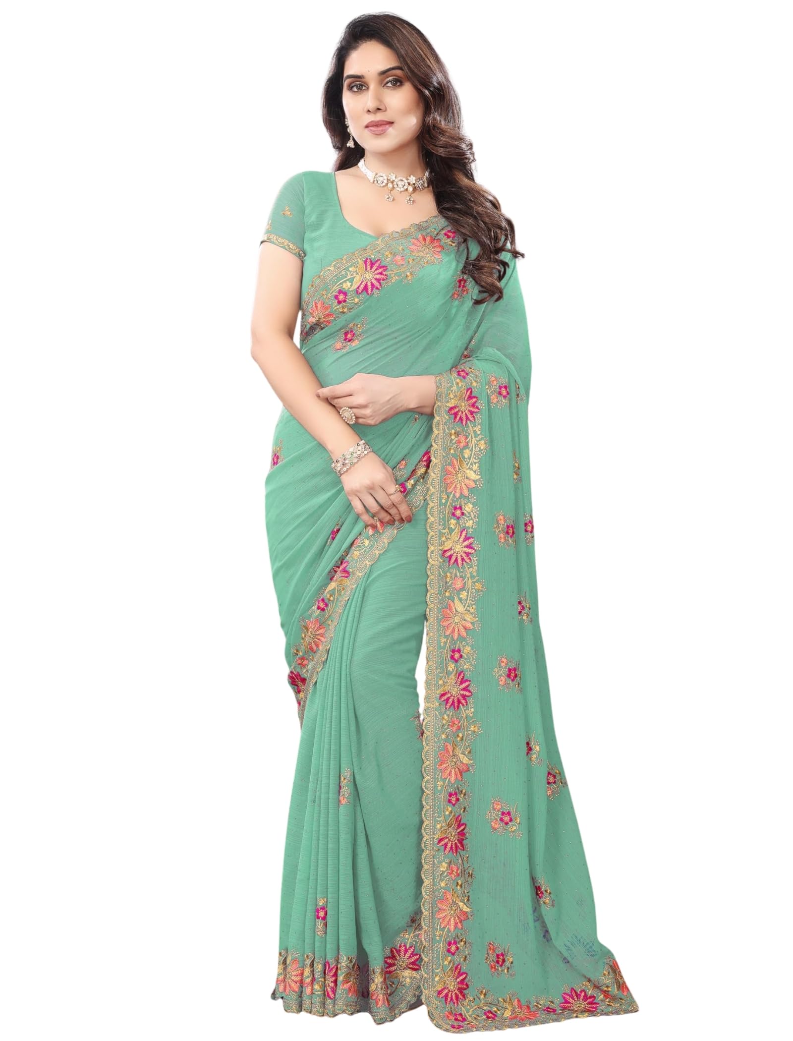 Women's Silk Saree with Heavy Floral Embroidered Border and Unstitched Blouse Piece for Women-picture-34