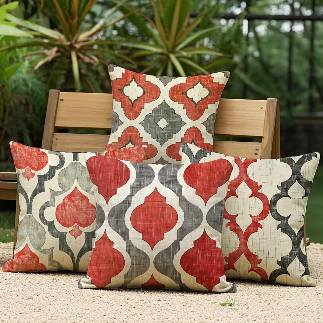 Housse de coussin extérieur imperméable gris 35x35 en lin aspect géométrique lot de 4