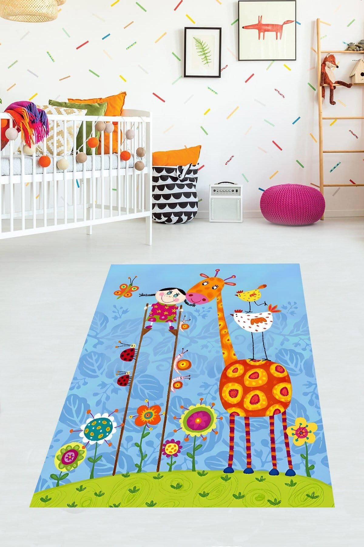 Pelangi Neşeli Çocuk ve Hayvan Sevgisi Zürafa Yıkanabilir Kaymaz Taban Leke Tutmaz Çocuk Odası Halısık, Turuncu-Mavi 120 x 200, 76420101202001