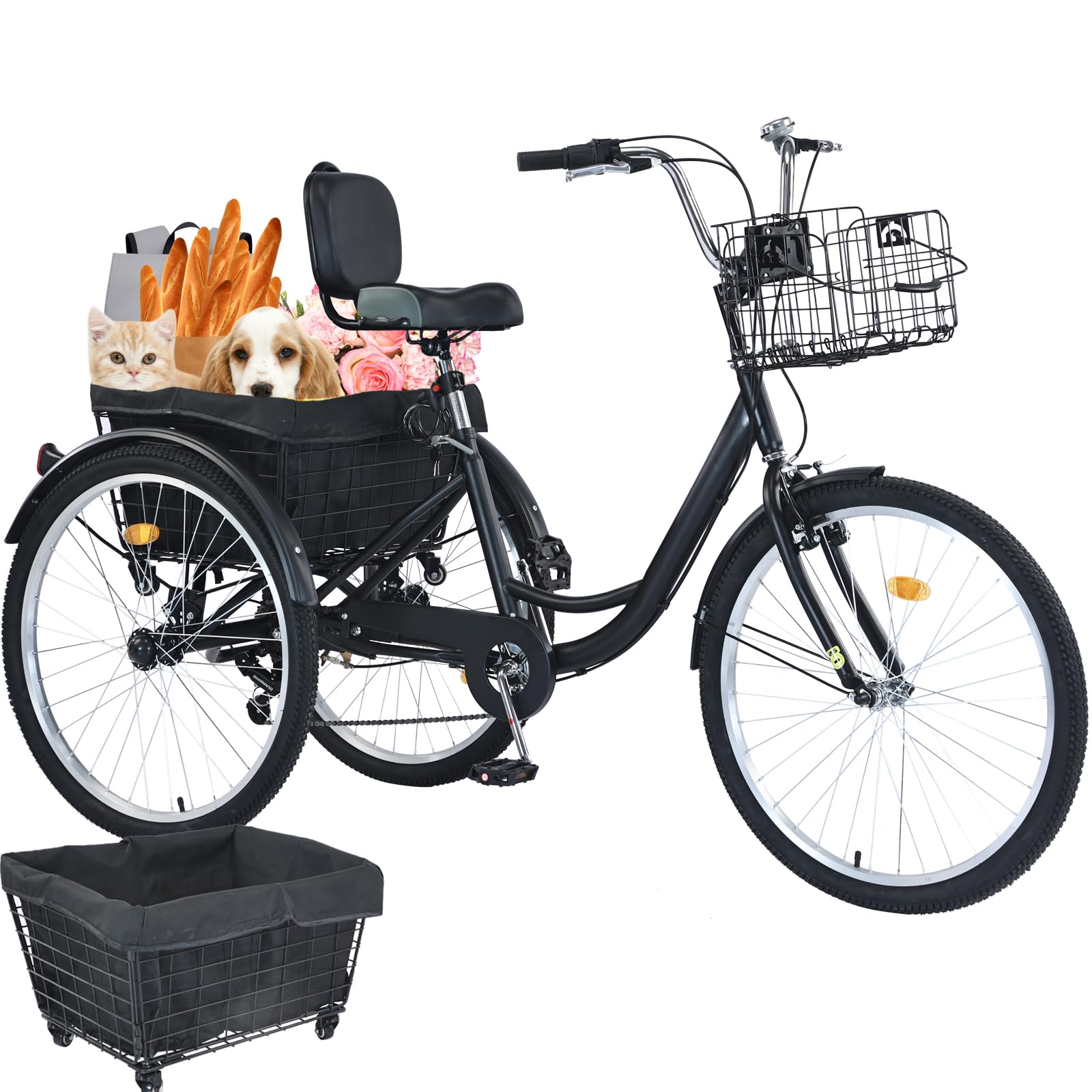 Upgraded Adult Tricycle, 7 Speed Tricycle for Adults with Front & Rear Baskets, 3 Wheel Bikes for Adults, Adult Tricycles for Women Men Seniors, Adult Trike, 26 inch Three Wheel Bikes