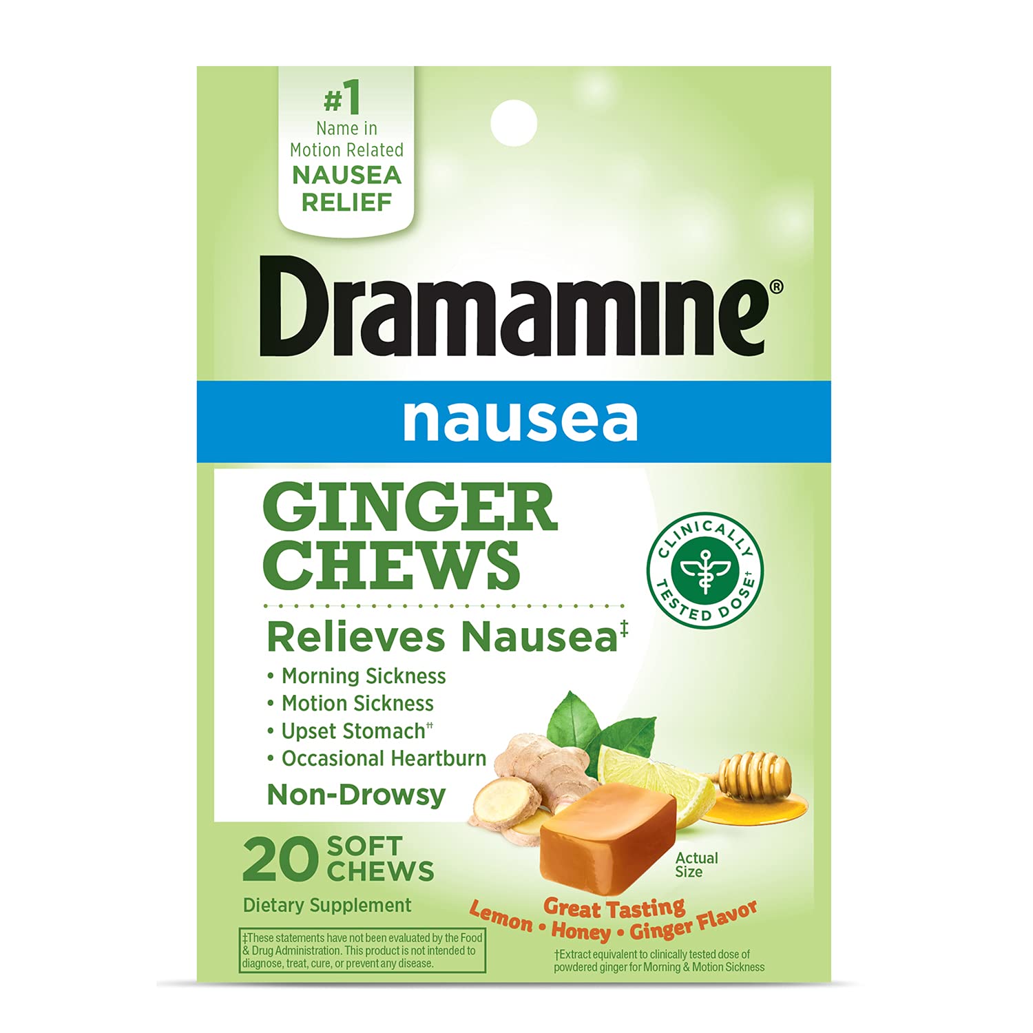Dramamine Ginger Chews, Relieves Nausea, Lemon Honey Ginger Flavor, 20 Soft Chews
