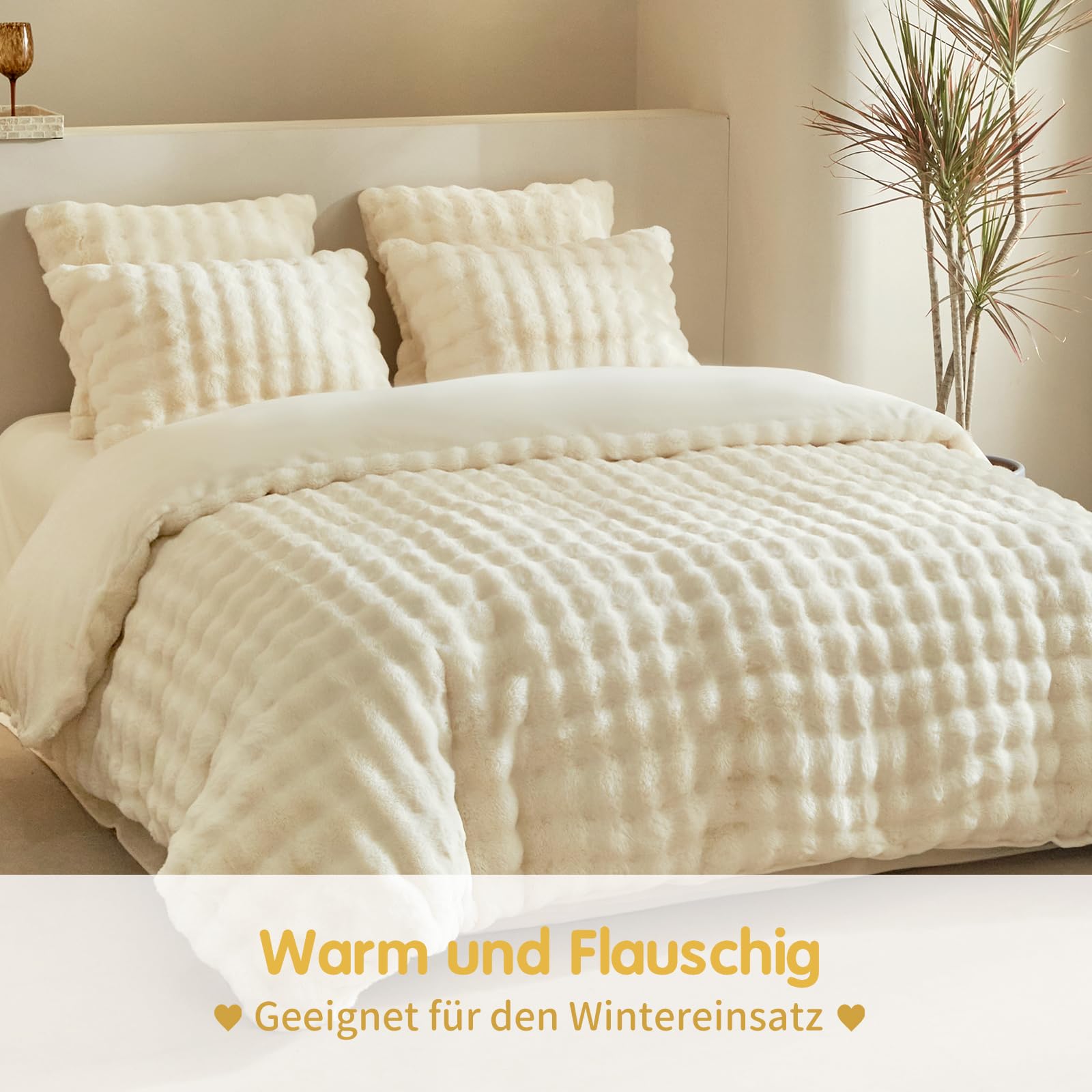 Lekesky Plüsch Bettwäsche 135x200 2teilig + 1 Kissen 80x80, Beige