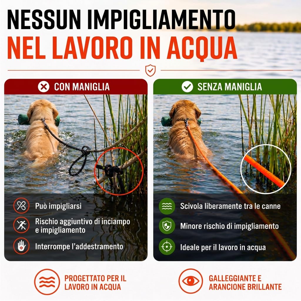 Guinzaglio galleggiante per cani, senza cinturino da polso, 10 m, arancione brillante, robusto guinzaglio da campo con moschettone girevole, carico di trazione 230 kg, guinzaglio da addestramento per