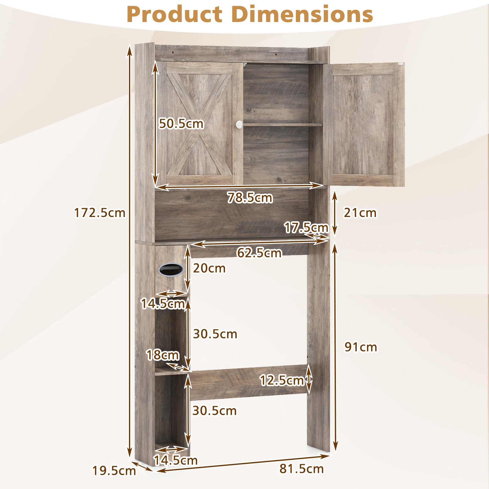 GIANTEX Armoire WC pour salle de bain avec 2 portes battantes, étagères réglables et compartiments pour papier toilette, armoire de toilette peu encombrante au-dessus des toilettes, 81,5 x 19,5 x