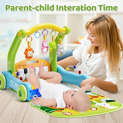 Miniatura 6 de Tapete de juego para gimnasio para bebés con andador, centro de actividades de piano 2 en 1 con luz y música, tapete para el tiempo boca abajo y