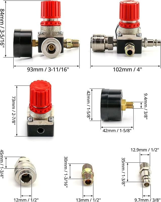 QWORK Légkompresszor Nyomásszabályozó 1/4 Colos EU Szabvány 12 Bar Nyomásmérővel