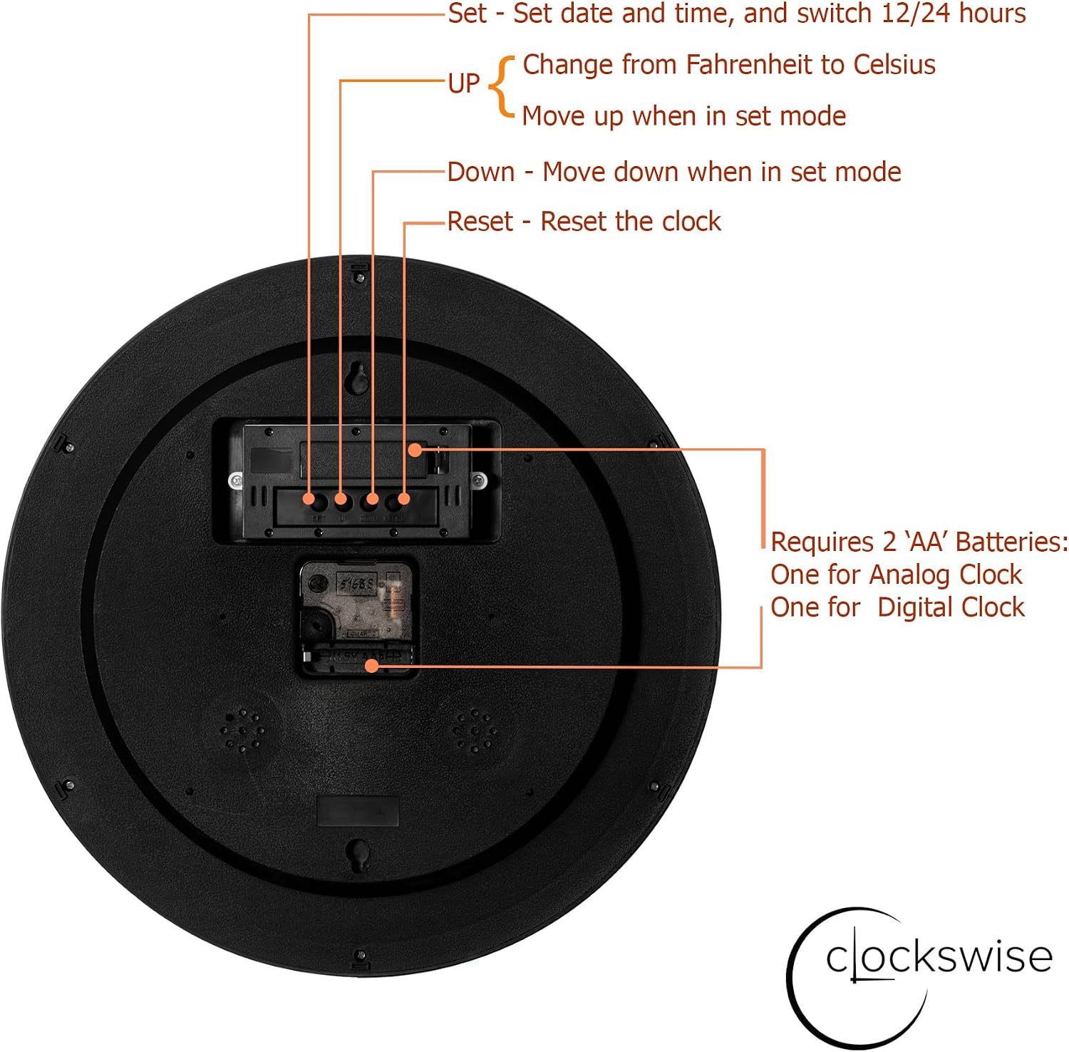 Clockswise 14-inch Wall Clock, Non-Ticking Analog & Digital with Temperature Display Battery Powered, Silent Operation, Switchable Time and Date - Perfect for Classroom Office Bedroom and Study, Black image 5
