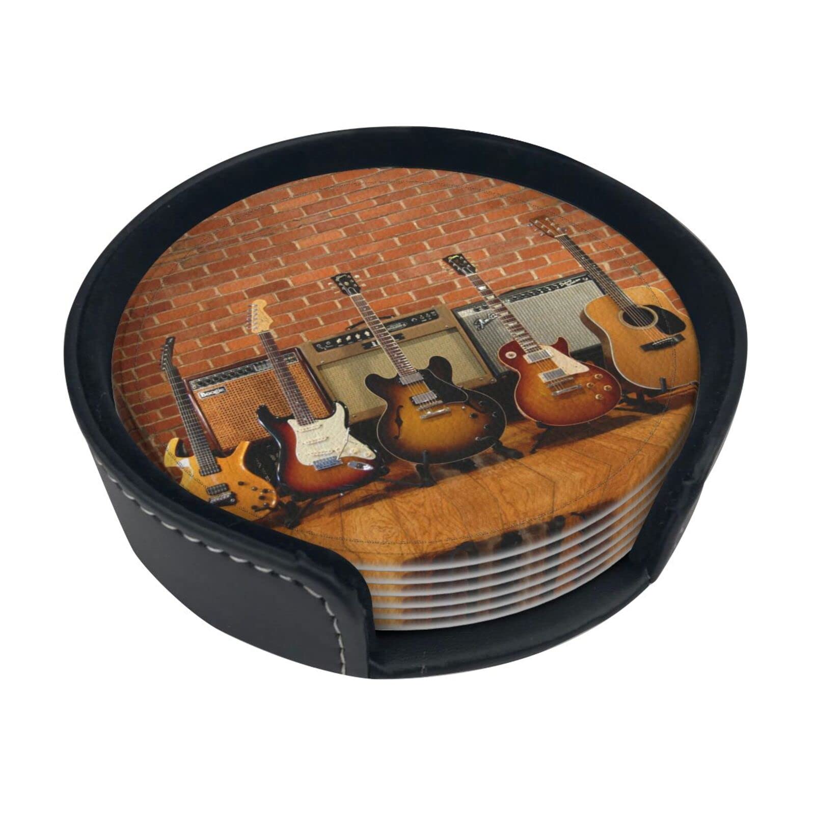 Coasters Set Of 6 Guitar Collection Print Leather Coasters For Drinks,Home Décor And Housewarming Gift