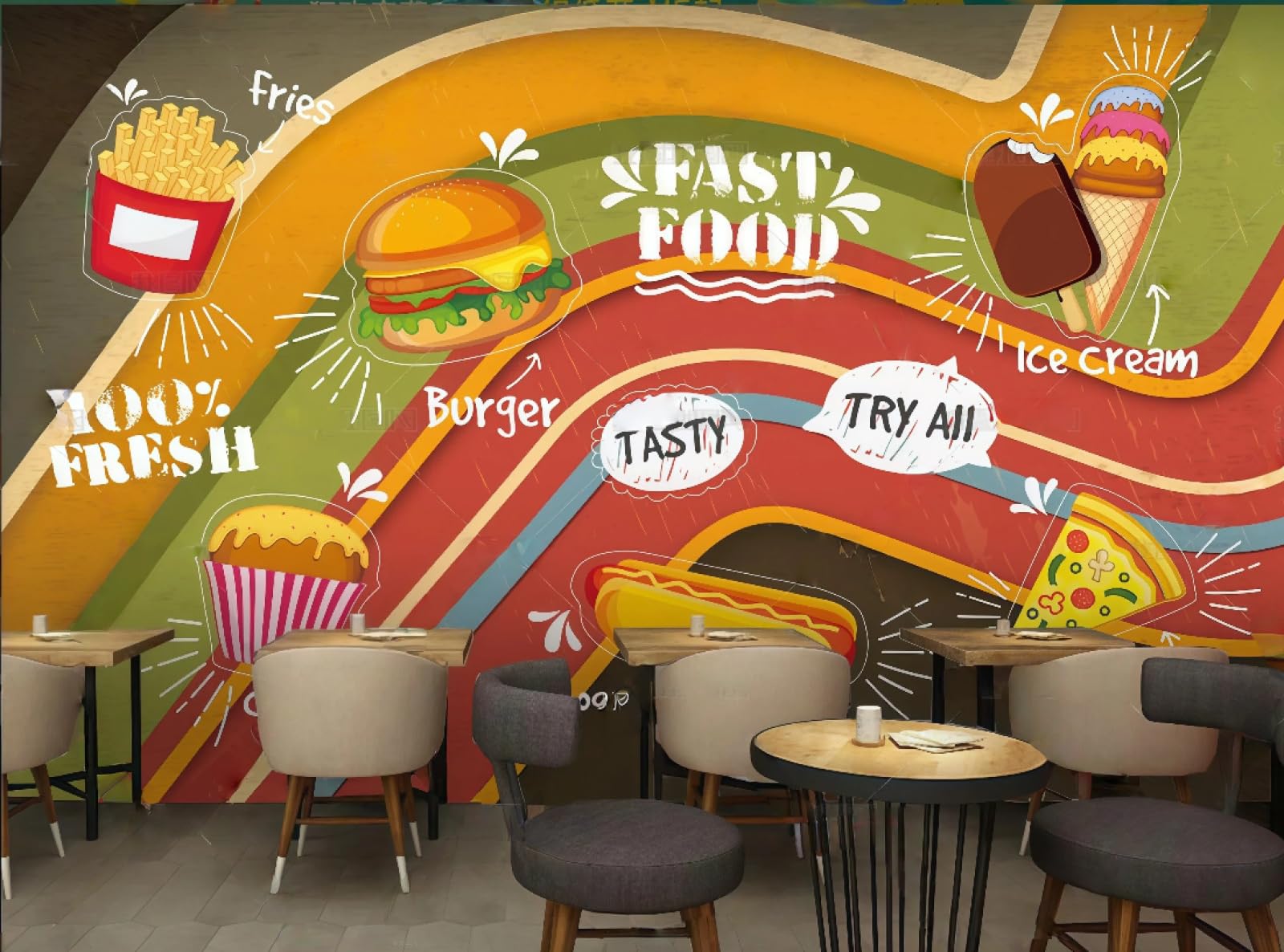XDOUBAO Wallpaper Fashion Hand-Painted Fried Chicken Burger Theme Fast Food Snack Bar Afternoon Tea Western Restaurant Background Wall Wallpaper Coffee Shop Mural,3D,150x105cm
