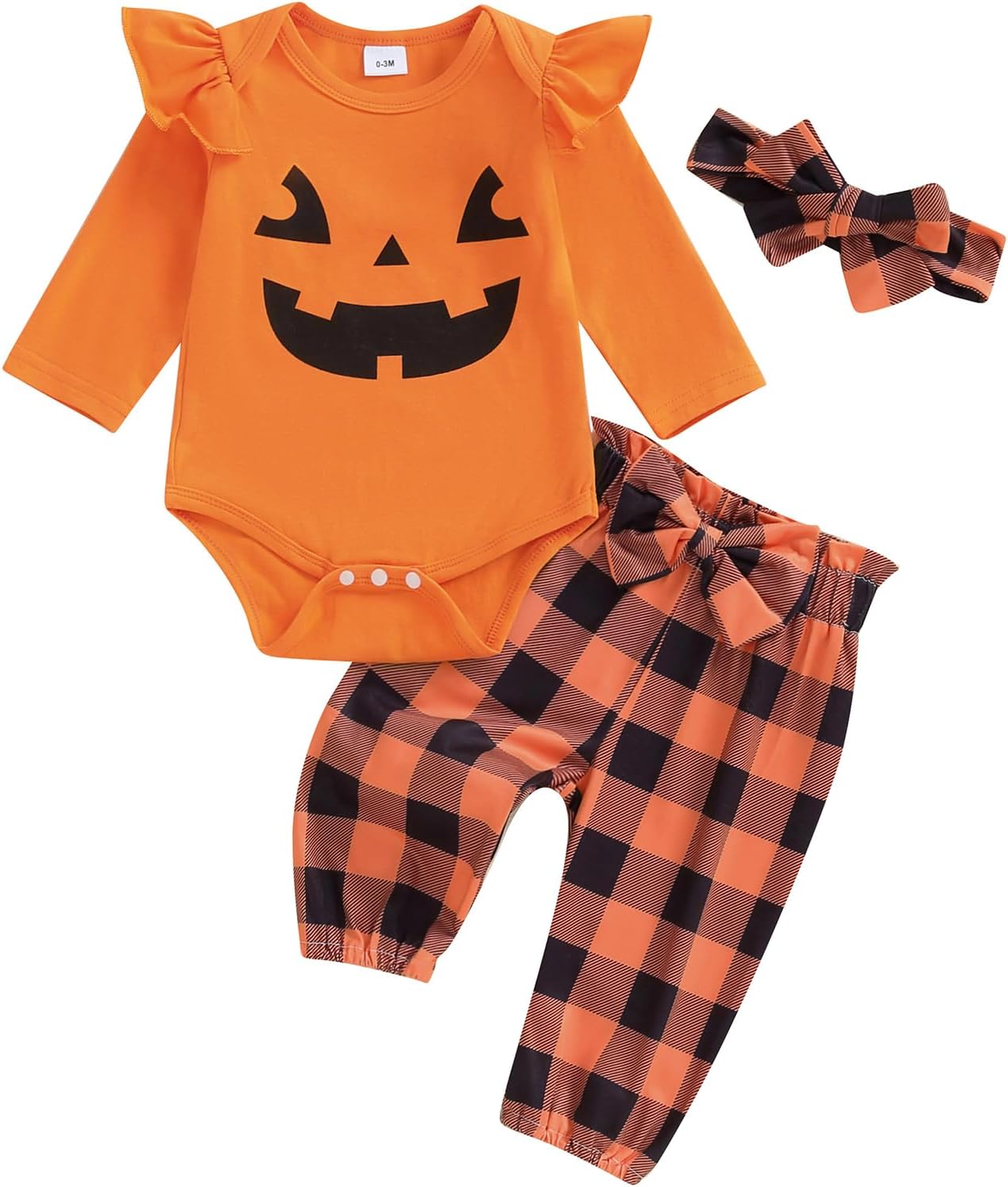 Newborn Baby Girl Halloween Outfit Ruffle Sleeve Pumpkin Face Romper Long Pants Headband 3 Piece Frist Fall Clothes