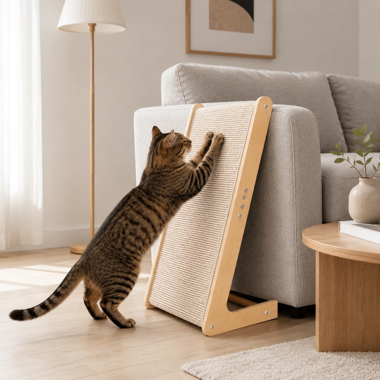 Rascador para gatos, 69 cm de alto, en forma de L, de doble uso, almohadillas para rascar para gatos, columna rascadora de madera maciza y sisal natural con hierba gatera para todos los gatos