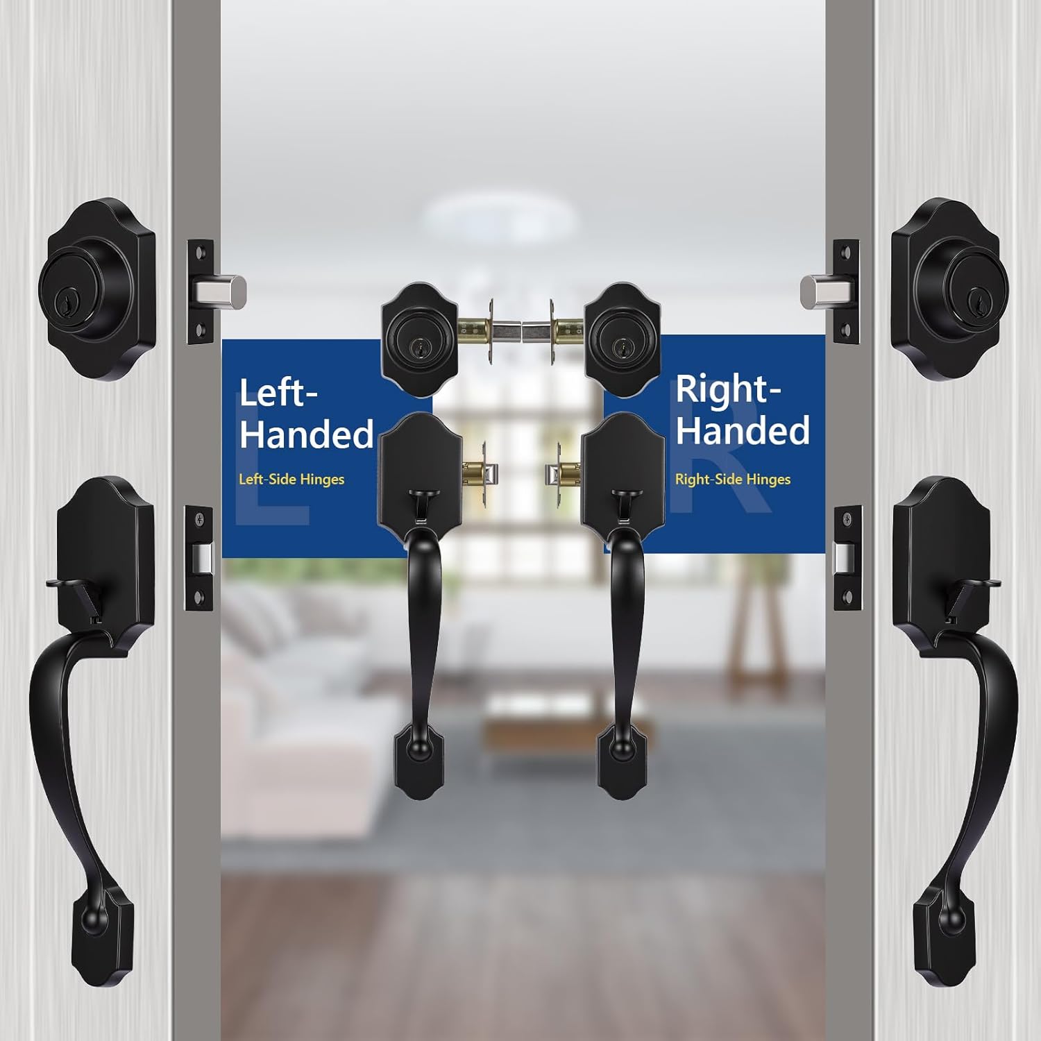 Front Door Lock and Handle Set, Front Door Pull Handle with Key, Deadbolt Lock and Handleset for Bedroom Bathroom Interior Door, Fits 35-45mm (1-3/8" to 1-3/4") Doors (Black)