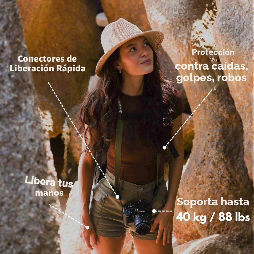 Camstrap - Correa para cámara y prismáticos manos libres ultraligera y ajustable, sistema de fijación rápida con conectores, protección óptima del cuello y la espalda, universalmente adaptable, Negro