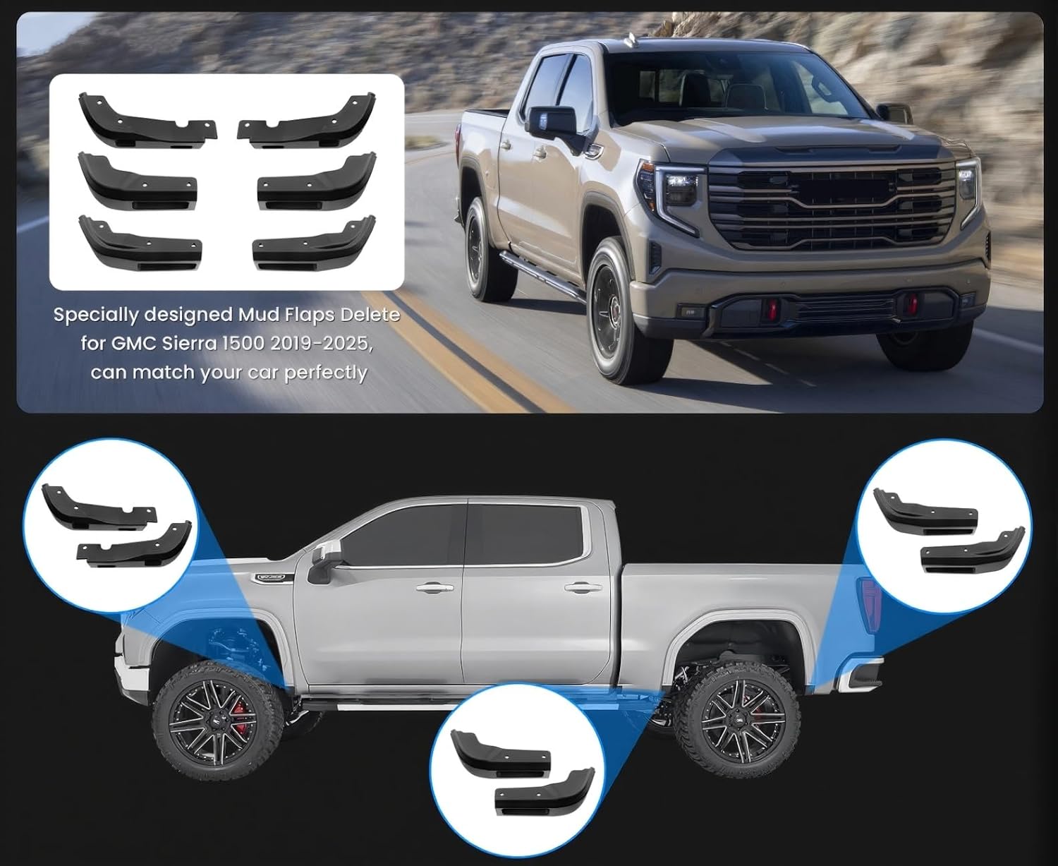 Mud Flap Delete Compatible with 2025 2024 2023 2022 2021 2020 2019 GMC Sierra 1500 2WD/4WD |Front & Rear Mud Flaps for GMC Sierra 1500 Accessories,Heavy Duty ABS,Black