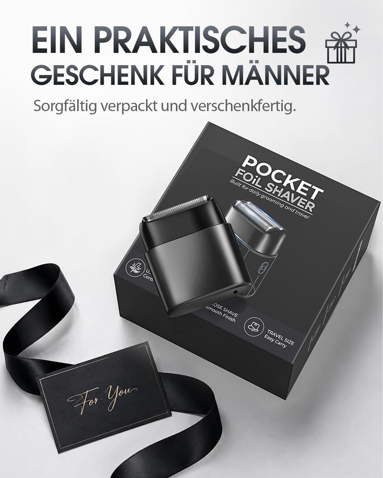 Haokoo Elektrorasierer Herren – Mini Taschenformat Reise Rasierer | 0,05 mm Folienrasierer für sanfte Rasur, IPX7-wasserdicht, 90 Min. Akku, selbststehend, USB-C-Ladung für Büro, Reise & Alltag