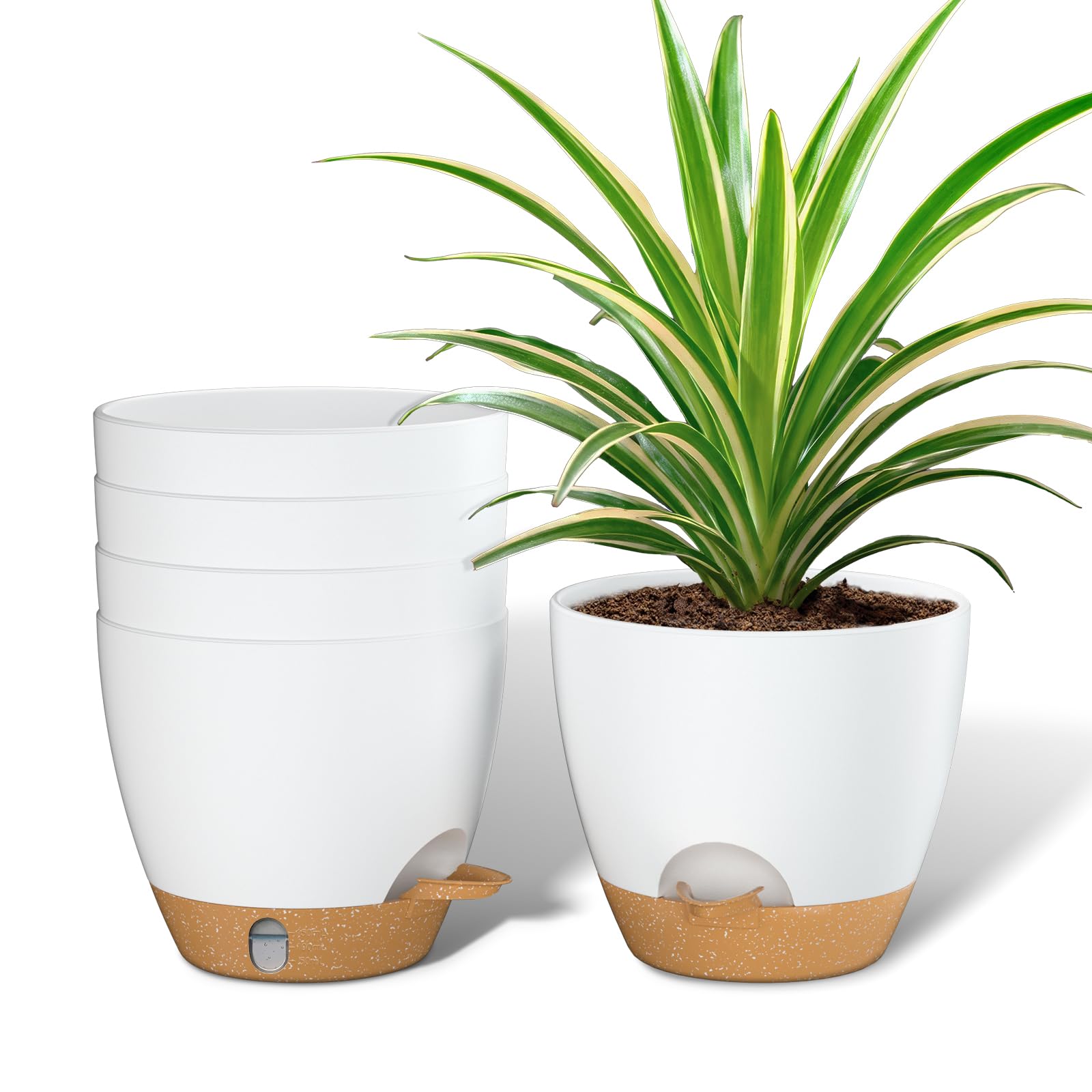 ZMTECH 15 cm Plant Pots with Drainage Holes Saucer Self Watering Planters with Watering Inlet Plastic Flower Pot for Indoor Outdoor Plants (Set of 5, White) โ image 1