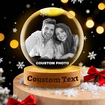 Personalized Crystal Photo with Engravable Text Wood Base Custom Picture Snow Globe Christmas Memorial Gifts for First Christmas Married Men Women Dad Mom