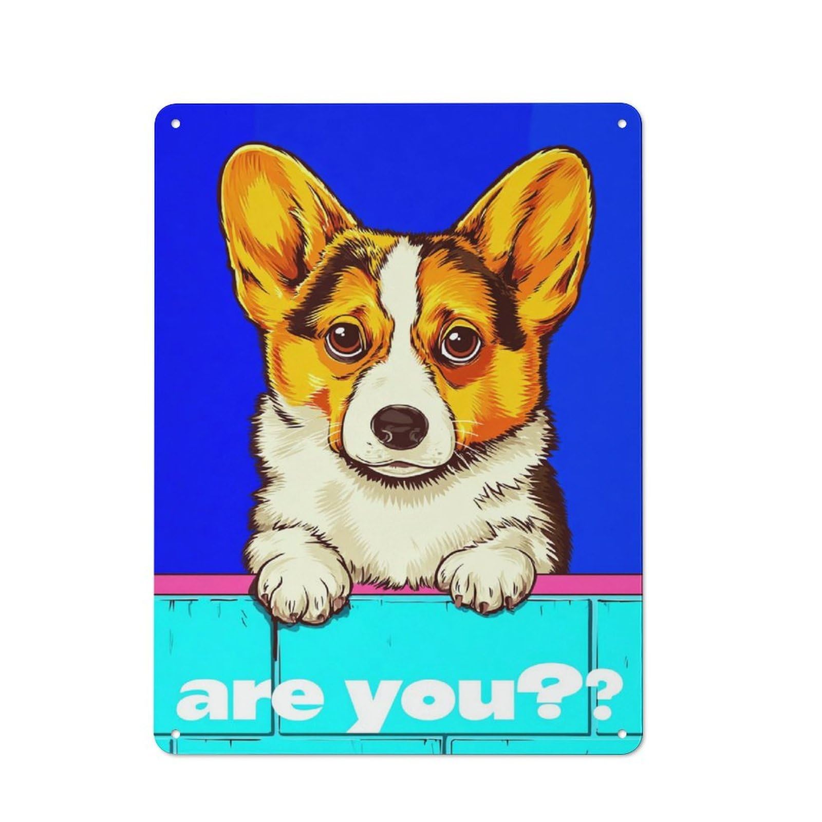 Junmoney Curious Corgi On Blue Background Metal Gift Sign 40X30cm, Vintage Home Wall Decor For Home, Shop, Pub Or Studio Wall
